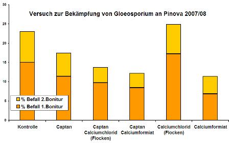 Versuch zur Bekmpfung von Gloeosporium an Pinova 2007-2008: Befall 1./2. Bonitur